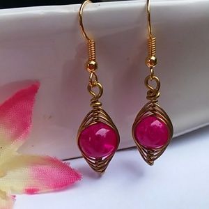 Pink Marbled Glass Gold Herringbone Wrapped Earrin